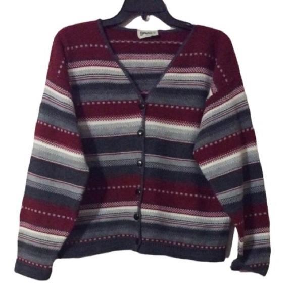 Spunky Sweaters - Spunky Gray White and Red Striped Sweater Cardigan Size Medium